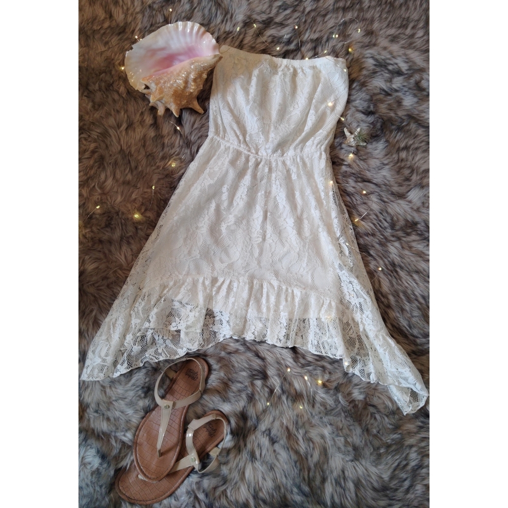 Strapless white lace dress